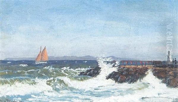 Sejlskib Ud For Havnemolen, To Personer Pa Molen Oil Painting by Christian Vigilius Blache