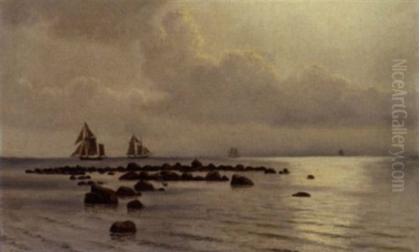 Marine Med Sejlskibe Naer Kysten Oil Painting by Christian Vigilius Blache