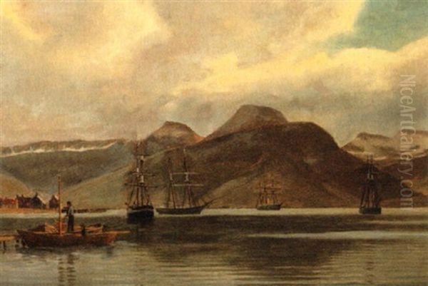 Skibe I En Norsk Fjord Oil Painting by Christian Vigilius Blache