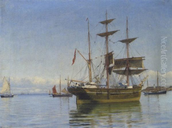 Norsk Tremaster Og Danske Sejlskibe Ud For Kysten En Stille Dag Oil Painting by Christian Vigilius Blache