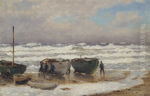 Fiskere Ved Deres Bade I Strandkanten Oil Painting by Christian Vigilius Blache