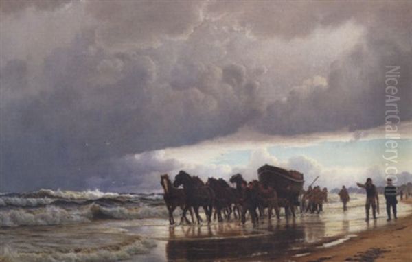 Redningsbaden Kjores Til Strandingsstedet. Motiv Fra Jyllands Vestkyst Oil Painting by Christian Vigilius Blache