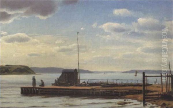 Kystparti Med Mand, Der Fisker Fra En Badebro Oil Painting by Christian Vigilius Blache