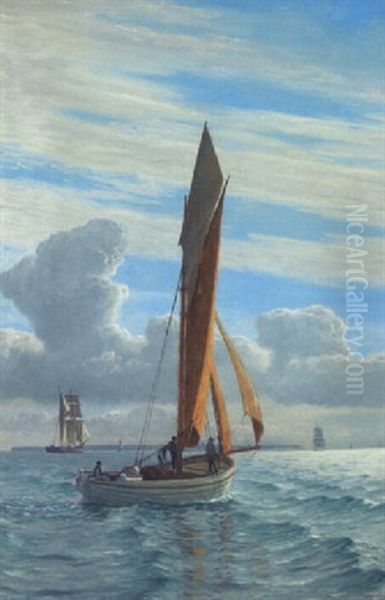 Marine Med Sejlskibe Pa Havet Oil Painting by Christian Vigilius Blache