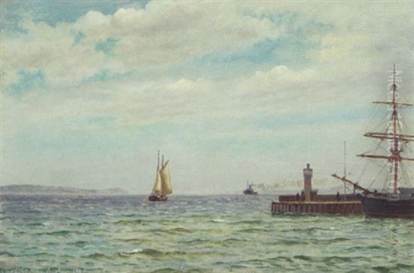 Marine Med Skibe Ud For Indsejlingen Til Arhus Nordhavn, Og Udsigt Til Mols Hoved Oil Painting by Christian Vigilius Blache
