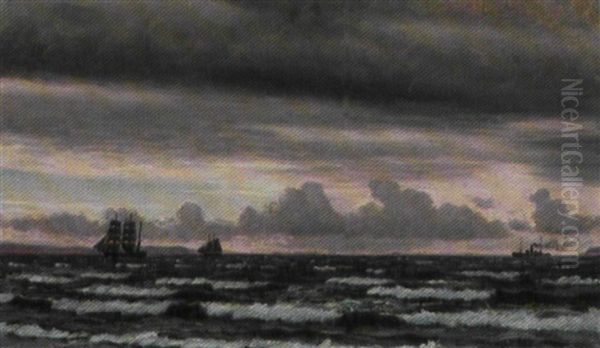 Marine Med Sejlskibe Pa Havet Ved Aftentide Oil Painting by Christian Vigilius Blache