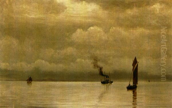 Marine Med Sejlskibe Pa Havet Oil Painting by Christian Vigilius Blache