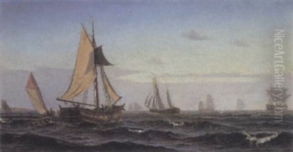Vessels At Sea Oil Painting by Christian Vigilius Blache