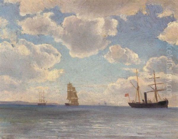 Marine Med Sejlskibe Og Fyrskib Oil Painting by Christian Vigilius Blache