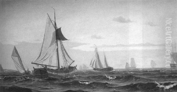 Vessels At Sea Oil Painting by Christian Vigilius Blache