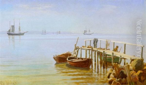 Sommerstemning Ved En Badebro, I Baggrunden Sejlskibe Oil Painting by Christian Vigilius Blache