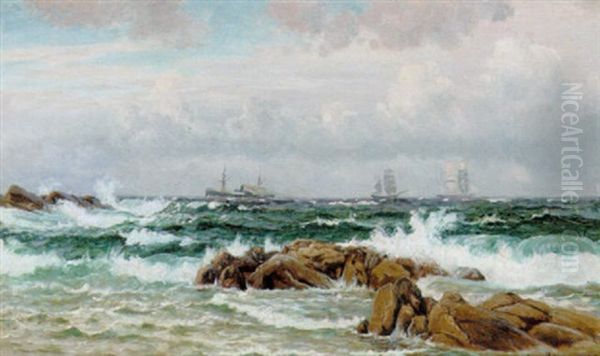 Marine Med Skibe Ud For Kysten, Frisk Vind Oil Painting by Christian Vigilius Blache
