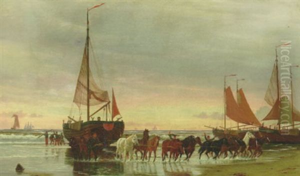 Fra Stranden Ved Scheweningen. Et Fiskerfartoj Slaebes Pa Land Oil Painting by Christian Vigilius Blache