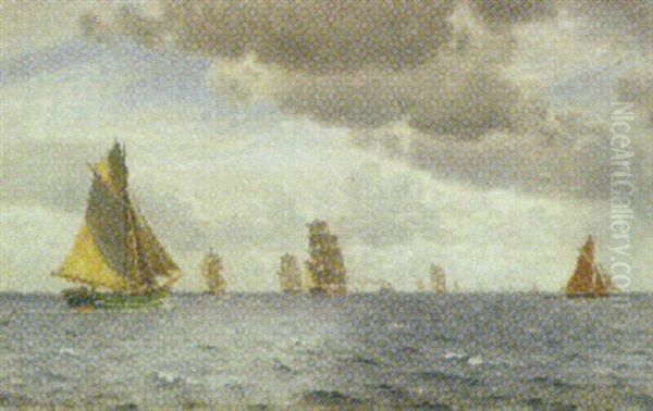 Marine Med Talrige Skibe Pa Havet Oil Painting by Christian Vigilius Blache