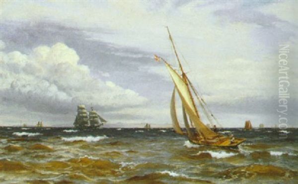 Marine Med Sejlskibe I Frisk Vejr Oil Painting by Christian Vigilius Blache