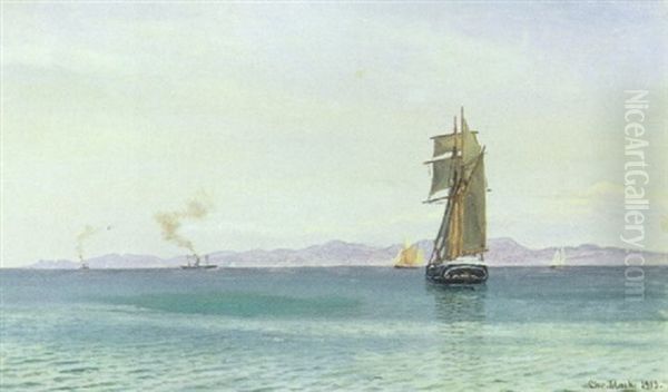 Marine, Skibe Pa Havet, I Baggrunden Kyst Oil Painting by Christian Vigilius Blache