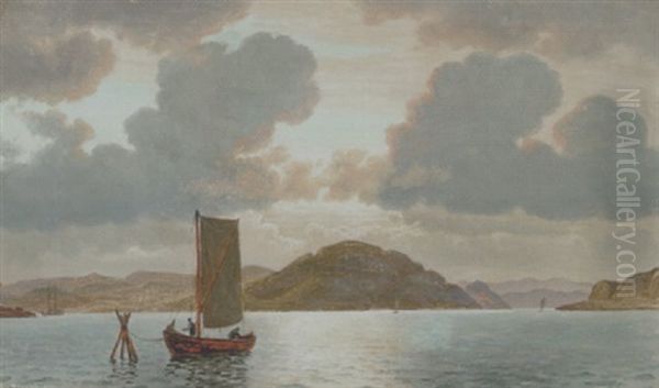 Marine Med Fiskerbade Ud For Kysten Og Soglimt Pa Havet Oil Painting by Christian Vigilius Blache