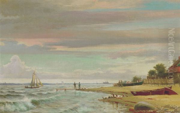 Kystparti Nord For Helsingor, I Baggrunden Kronborg Oil Painting by Christian Vigilius Blache