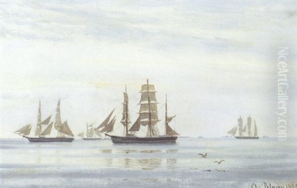 Marine, Skibe Pa Sundet En Stille Dag Oil Painting by Christian Vigilius Blache