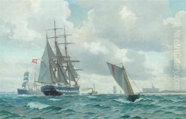 Marine Med Mange Skibe Ud For Kronborg Oil Painting by Christian Vigilius Blache