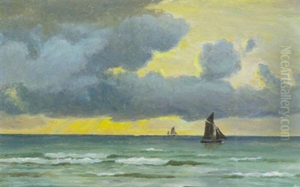 Marine Med Sejlskibe Ved Solnedgang Oil Painting by Christian Vigilius Blache