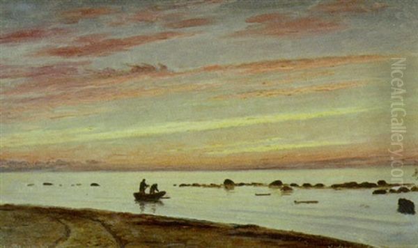 Kystparti Ved Solnedgang Med Personer I Jolle Oil Painting by Christian Vigilius Blache