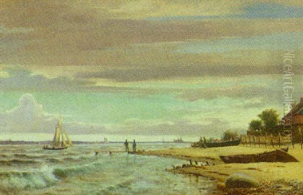 Kystparti Med Sejlbad, Personer Og Optrukne Joller Pa Stranden Oil Painting by Christian Vigilius Blache