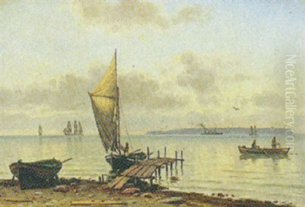 Marine Med Sejlskibe Og Personer Pa Stranden Oil Painting by Christian Vigilius Blache