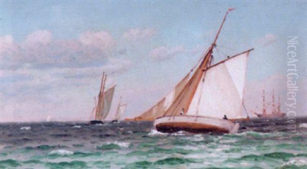 Marine Med Sejlskibe Oil Painting by Christian Vigilius Blache