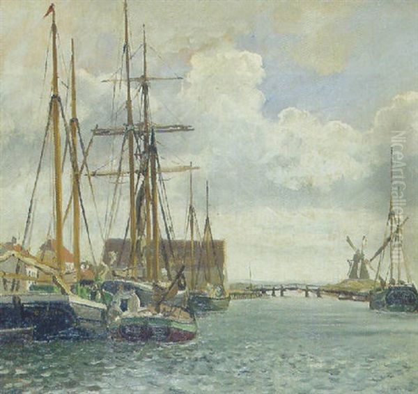 Kanalparti Med Sejlskibe, I Baggrunden Molle Oil Painting by Christian Vigilius Blache