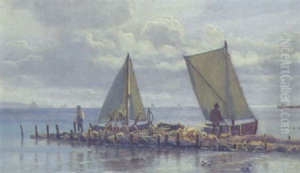 Marine Fra Oresund Med Fiskere Ved Deres Bade Oil Painting by Christian Vigilius Blache