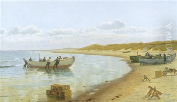 Kystparti Med Fiskere Ved Deres Bade Oil Painting by Christian Vigilius Blache
