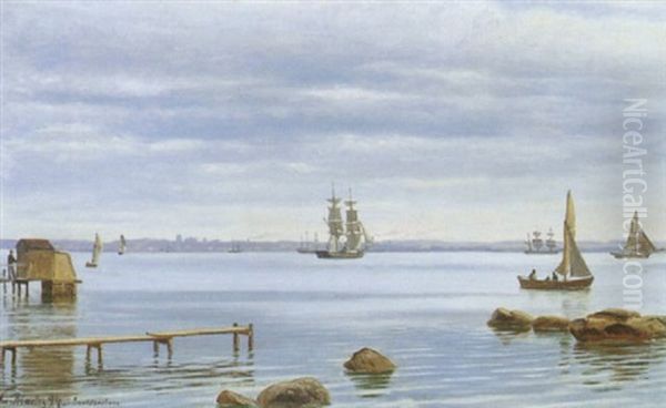 Marine Med Sejlskibe Ud For Snekkersten Oil Painting by Christian Vigilius Blache