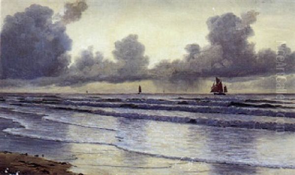 Marine Med Bolger, Der Ruller Ind Mod Stranden Og Store Sorte Regnvejrsskyer Oil Painting by Christian Vigilius Blache