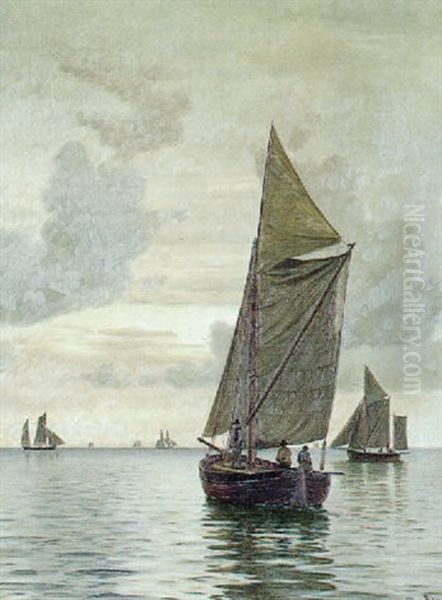 Marine Med Fiskerbade I Stille Vejr Oil Painting by Christian Vigilius Blache