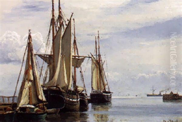 Marine, Skibe Ved En Havn Oil Painting by Christian Vigilius Blache