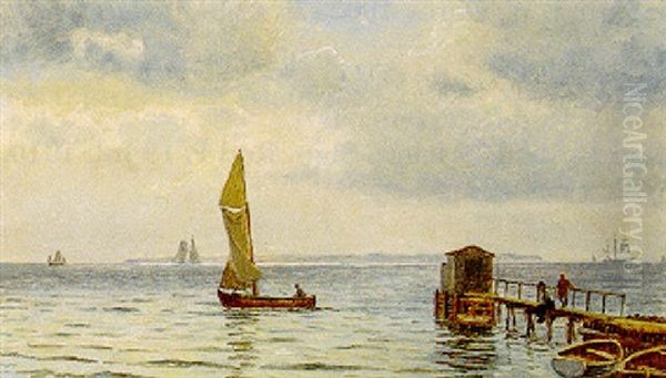 Marine Med Sejlskibe Pa Oresund, I Forgrunden Figurer Pa En Badebro Oil Painting by Christian Vigilius Blache