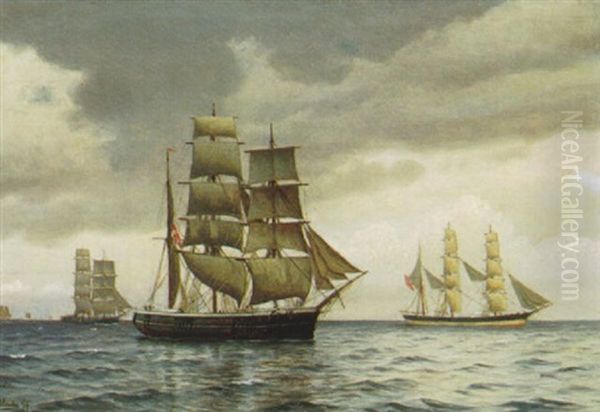 Marine Med Talrige Sejskibe Oil Painting by Christian Vigilius Blache