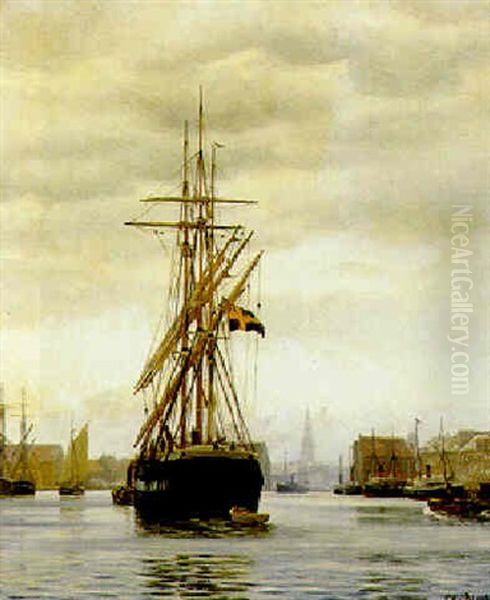 Fra Kobenhavns Havn, I Forgrunden Fregat Med Svensk-norsk Unionsflag Oil Painting by Christian Vigilius Blache