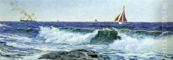 Marine Med Skibe Og Braending Oil Painting by Christian Vigilius Blache