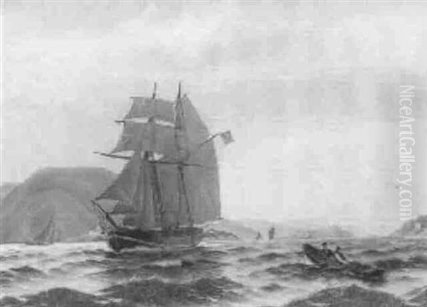 Marine Fra Skaergarden Med Flere Sejlskibe, I Forgrunden Skonnert Med Norsk Flag Oil Painting by Christian Vigilius Blache