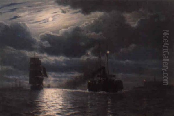 Marine Med Damper Og Sejlskibe Udfor Kronborg Oil Painting by Christian Vigilius Blache