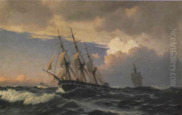 Marine Med Sejlskibe Oil Painting by Christian Vigilius Blache