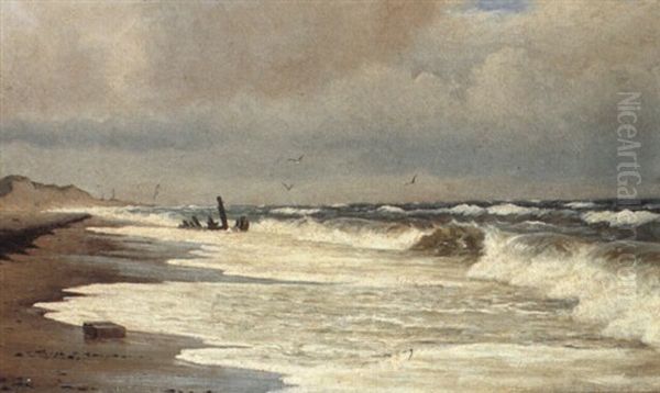 Kystparti Med Vrag I Strandkanten Oil Painting by Christian Vigilius Blache