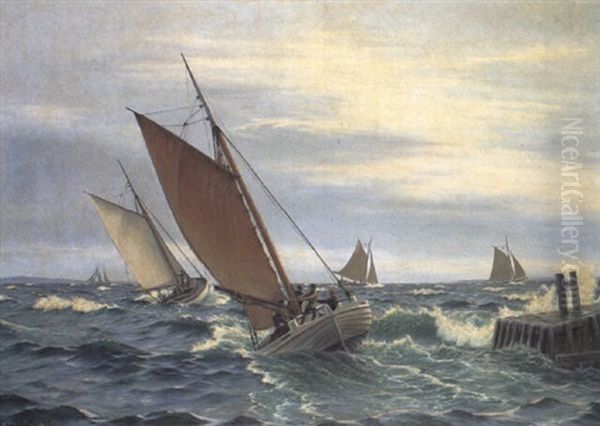 Marine Med Fiskerbade Ved Molen Oil Painting by Christian Vigilius Blache