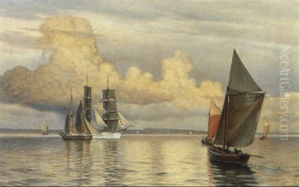 Marine Med Sejlskibe Pa Eresund En Stille Sommerdag Oil Painting by Christian Vigilius Blache