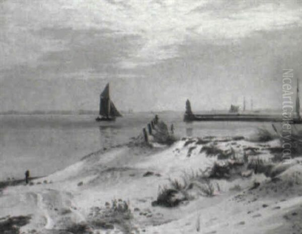 Kystparti Med Mole Og Sejlskib Oil Painting by Christian Vigilius Blache