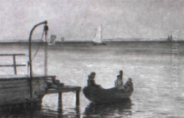 Parti Fra Eresund Med Born I En Rob+d Ved B+debroen Oil Painting by Christian Vigilius Blache