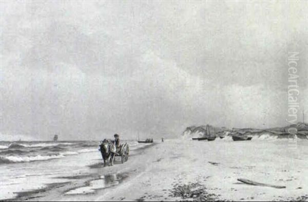 Strandparti Med Oksekaerre I Havstokken Oil Painting by Christian Vigilius Blache