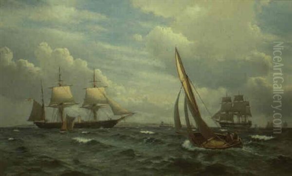 Danish Frigate And Other Shipping Off The White Cliffs Oil Painting by Christian Vigilius Blache